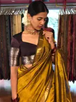 Mustard Mangalagiri Silk Saree Handwoven in Chequered Pattern - Image 6