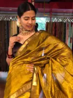 Mustard Mangalagiri Silk Saree Handwoven in Chequered Pattern