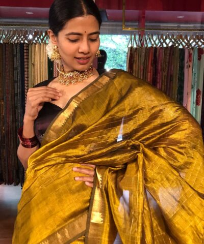 Mustard Mangalagiri Silk Saree Handwoven in Chequered Pattern
