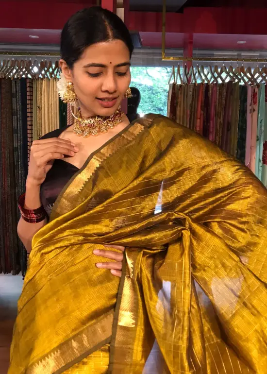 Mustard Mangalagiri Silk Saree Handwoven in Chequered Pattern