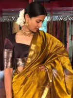 Mustard Mangalagiri Silk Saree Handwoven in Chequered Pattern - Image 5
