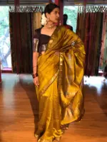 Mustard Mangalagiri Silk Saree Handwoven in Chequered Pattern - Image 4
