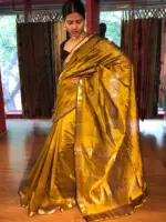 Mustard Mangalagiri Silk Saree Handwoven in Chequered Pattern - Image 2