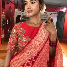 Red Embroidered Silk Lehenga Set with Bandhini Dupatta