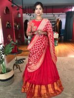 Red Embroidered Silk Lehenga Set with Bandhini Dupatta - Image 2
