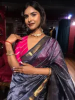 Grey Mangalagiri Silk Saree woven in Gold Zari Checks