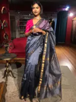 Grey Mangalagiri Silk Saree woven in Gold Zari Checks - Image 3