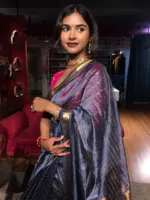 Grey Mangalagiri Silk Saree woven in Gold Zari Checks - Image 4