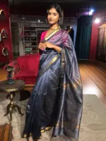 Grey Mangalagiri Silk Saree woven in Gold Zari Checks - Image 2