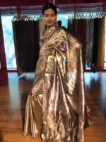 Metallic Gold Tissue Buttis Silk Saree - Image 3