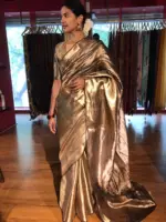 Metallic Gold Tissue Buttis Silk Saree - Image 7