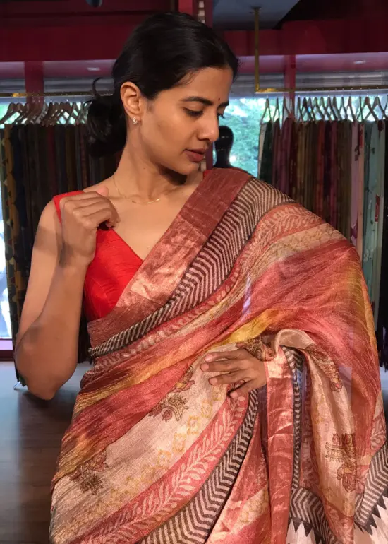 Red Tissue Silk Saree with Beautiful Kalamkari Prints