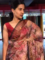 Maroon Floral Printed Tissue Silk Saree
