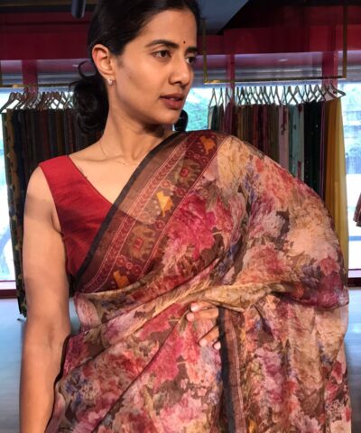 Maroon Floral Printed Tissue Silk Saree