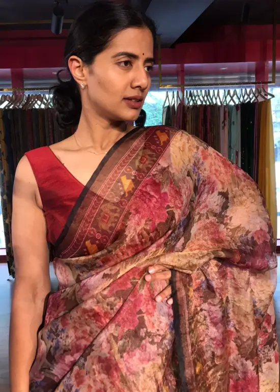 Maroon Floral Printed Tissue Silk Saree