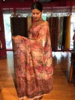 Maroon Floral Printed Tissue Silk Saree - Image 3