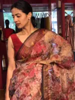 Maroon Floral Printed Tissue Silk Saree - Image 4