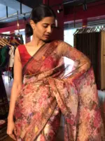 Maroon Floral Printed Tissue Silk Saree - Image 7