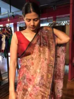 Maroon Floral Printed Tissue Silk Saree - Image 6