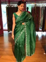 Bottle Green Hand Embroidered Organza Silk Saree - Image 2