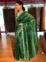 Bottle Green Hand Embroidered Organza Silk Saree - Image 3