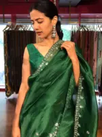 Bottle Green Hand Embroidered Organza Silk Saree - Image 7