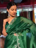 Bottle Green Hand Embroidered Organza Silk Saree - Image 6