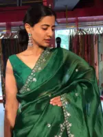 Bottle Green Hand Embroidered Organza Silk Saree - Image 4
