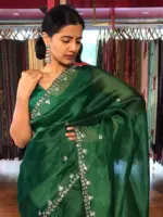Bottle Green Hand Embroidered Organza Silk Saree - Image 5