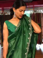 Bottle Green Hand Embroidered Organza Silk Saree