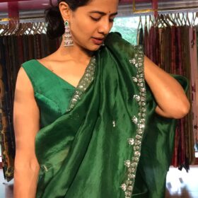 Bottle Green Hand Embroidered Organza Silk Saree