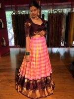 Pink Chequered Venkatagiri Pure Silk Lehenga Set - Image 6