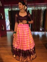 Pink Chequered Venkatagiri Pure Silk Lehenga Set - Image 2