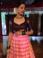 Pink Chequered Venkatagiri Pure Silk Lehenga Set - Image 3