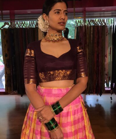 Pink Chequered Venkatagiri Pure Silk Lehenga Set