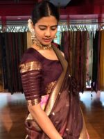 Pink Chequered Venkatagiri Pure Silk Lehenga Set of 3 - Image 6