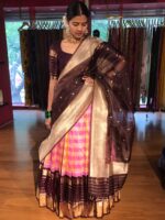 Pink Chequered Venkatagiri Pure Silk Lehenga Set of 3 - Image 2