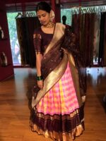 Pink Chequered Venkatagiri Pure Silk Lehenga Set of 3 - Image 5