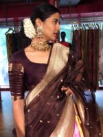 Pink Chequered Venkatagiri Pure Silk Lehenga Set of 3 - Image 3