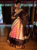 Pink Chequered Venkatagiri Pure Silk Lehenga Set of 3 - Image 4