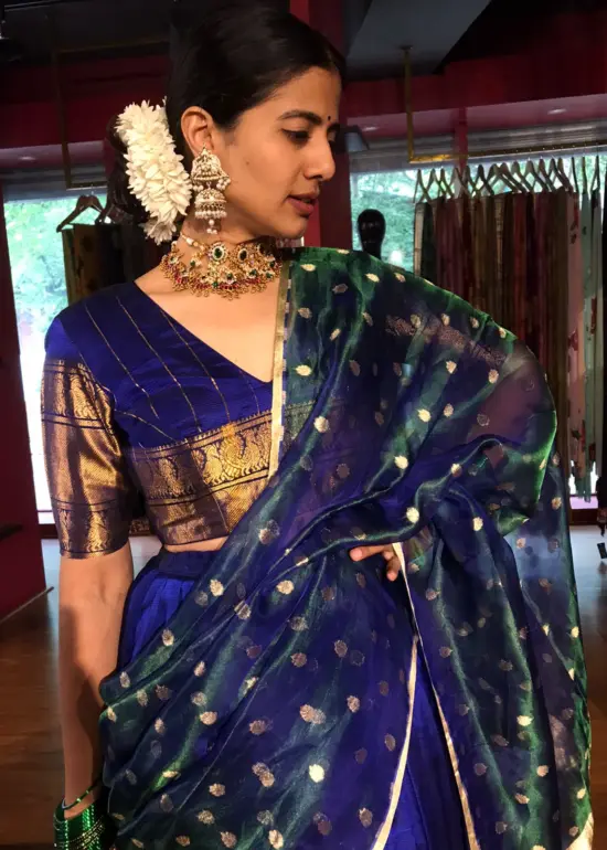 Royal Blue Silk Lehenga With Tissue Silk Dupatta Set of 3