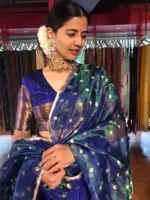 Royal Blue Silk Lehenga With Tissue Silk Dupatta Set of 3 - Image 3