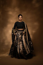 Black Embroidered Tissue Silk Lehenga Set of 3 - Image 2