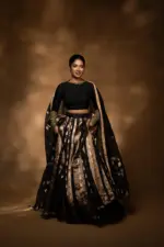 Black Embroidered Tissue Silk Lehenga Set of 3 - Image 2