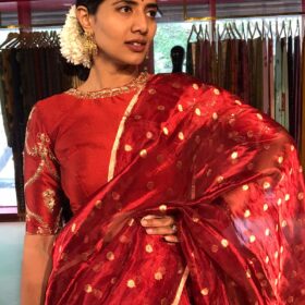 Maroon embroidered chequered lehenga set of 3 model wearing its sutiable for wedding by mirra clothing