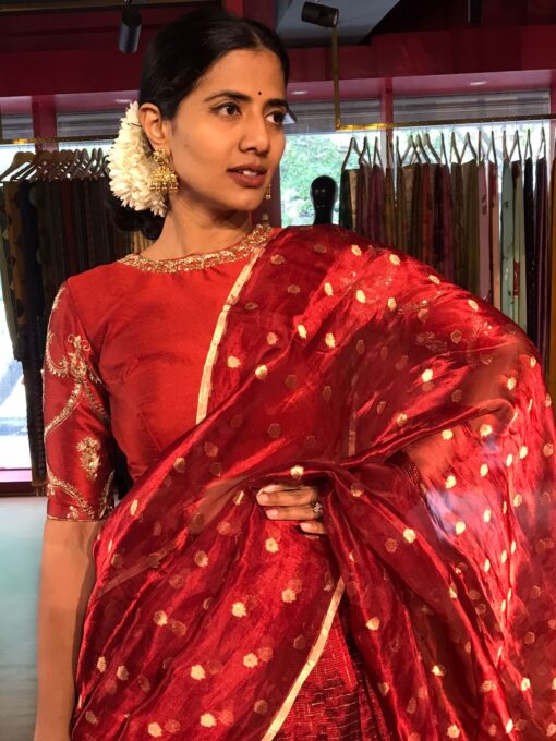 Maroon embroidered chequered lehenga set of 3 model wearing its sutiable for wedding by mirra clothing
