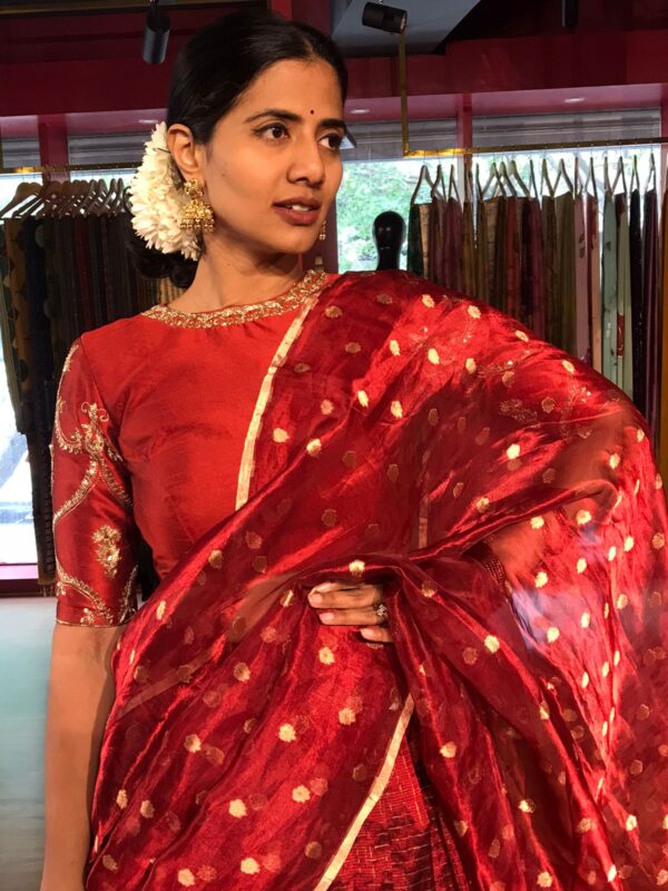 Maroon embroidered chequered lehenga set of 3 model wearing its sutiable for wedding by mirra clothing