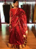 Maroon Embroidered Chequered Silk Lehenga Set of 3 - Image 5