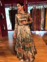 Bottle Green Printed Tissue Silk Lehenga Set - Image 5