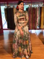 Bottle Green Printed Tissue Silk Lehenga Set - Image 4